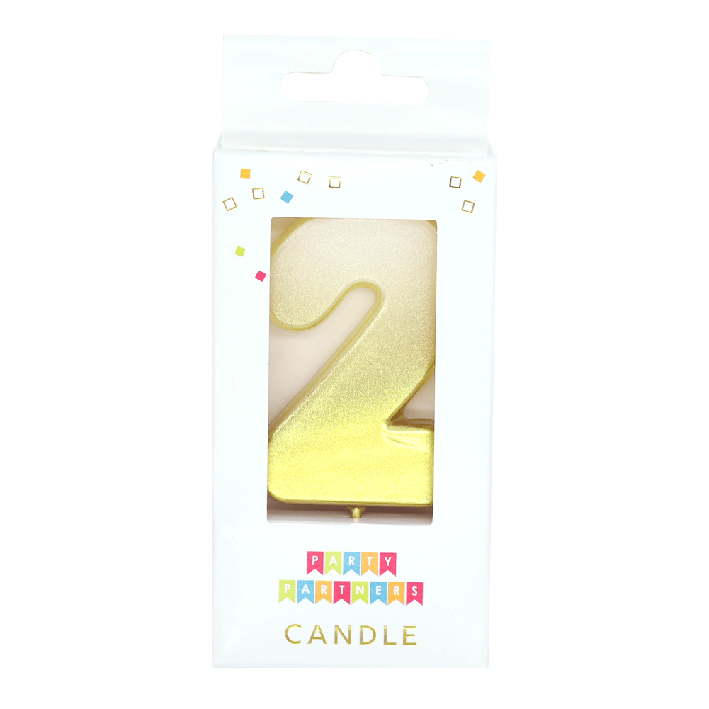 Two gold metallic ombre number candles for celebrations, branded Party Partners, with a shiny gradient finish.